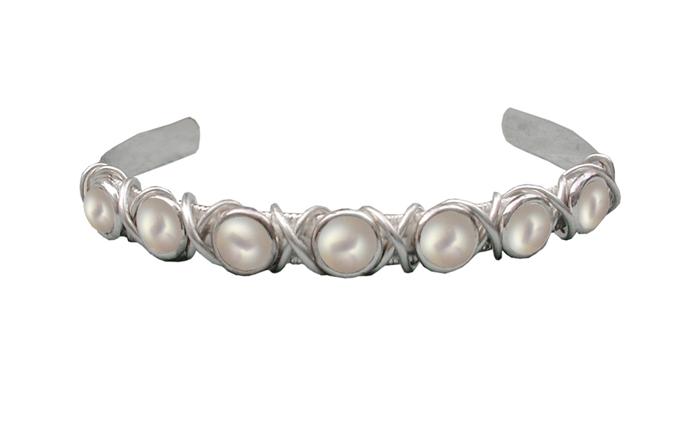 Sterling Silver 7 Stone Handmade Cuff Bracelet With Cultured Freshwater Pearl